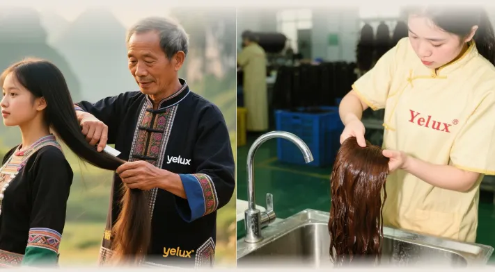 A visual explanation of the YELUX "Guangxi Heritage Standard," combining an artistic illustration of ancient herbal hair wisdom with a modern scientist inspecting hair quality in a lab, embodying tradition meets science.