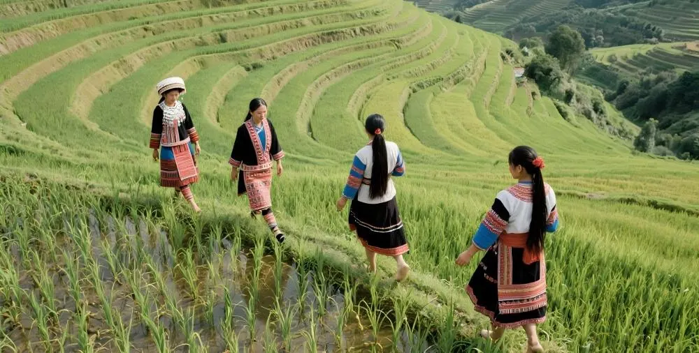 A serene image of the Guangxi rice terraces at dawn, representing the pure and natural origin of the YELUX Guangxi Heritage Standard for hair wellness.