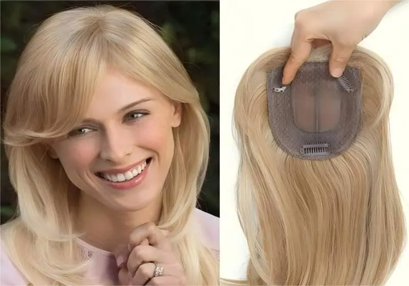 A confident Caucasian woman at an elegant event wearing a YELUX high-end hair topper, showcasing its voluminous, natural-looking parting and flawless coverage for thinning hair.