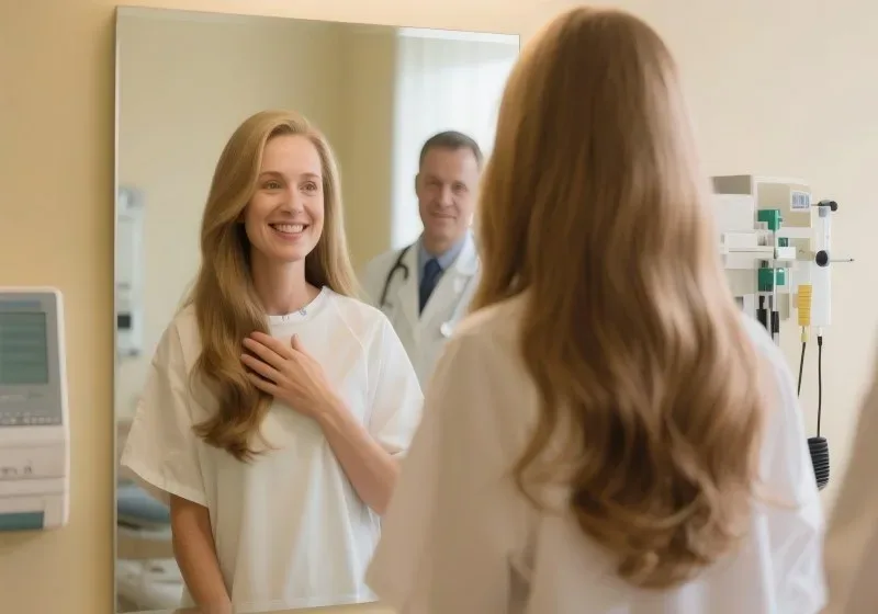 In a bright and comforting medical consultation room, a female patient gently touches her natural-looking YELUX medical-grade wig (cranial prosthesis), reflecting on her restored confidence.