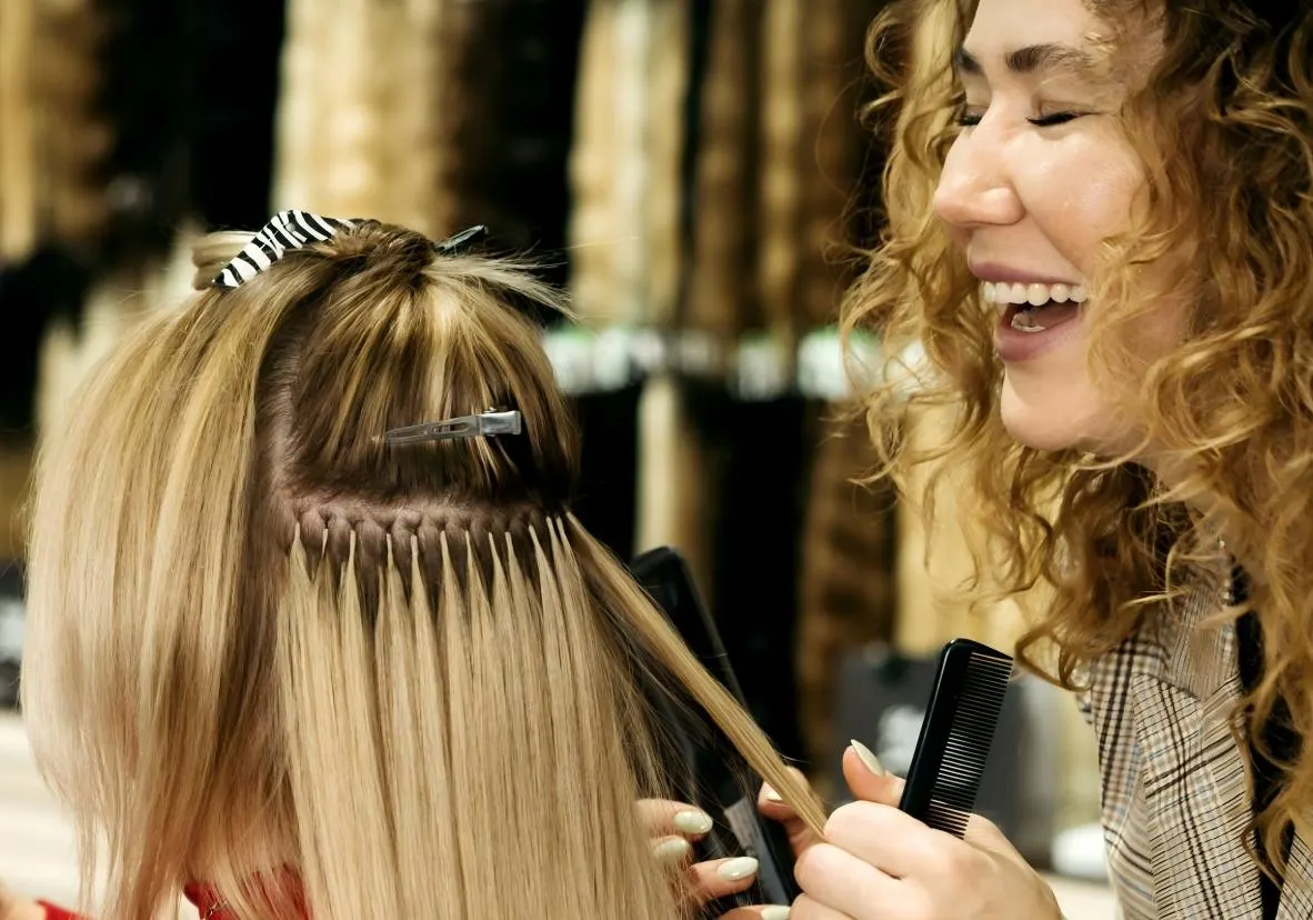 A master stylist seamlessly applying YELUX professional hair extensions to a blonde Caucasian client in a luxury salon, with the client smiling, satisfied with the result.