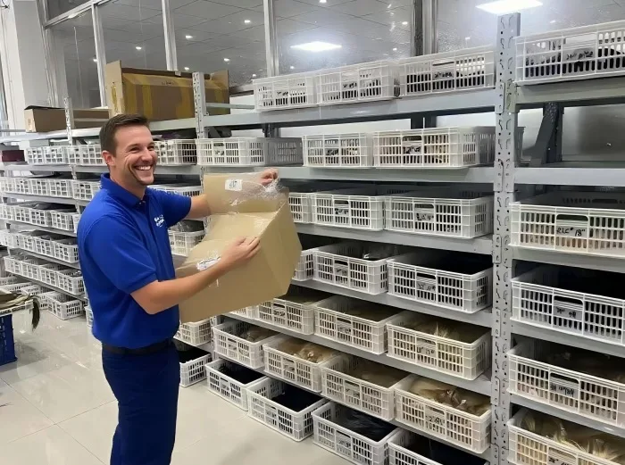 Large inventory of YELUX hair products neatly organized in a modern warehouse, ready for wholesale distribution and demonstrating a reliable B2B supply chain.