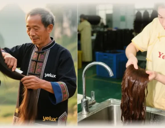 yelux-guangxi-heritage-standard-ancient-wisdom-modern-science A visual explanation of the YELUX "Guangxi Heritage Standard," combining an artistic illustration of ancient herbal hair wisdom with a modern scientist inspecting hair quality in a lab, embodying tradition meets science.