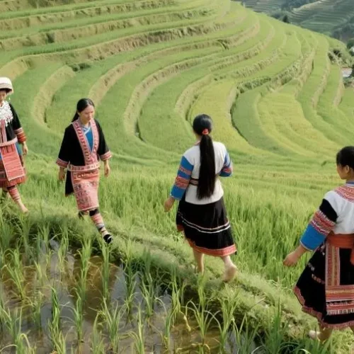 A serene image of the Guangxi rice terraces at dawn, representing the pure and natural origin of the YELUX Guangxi Heritage Standard for hair wellness.